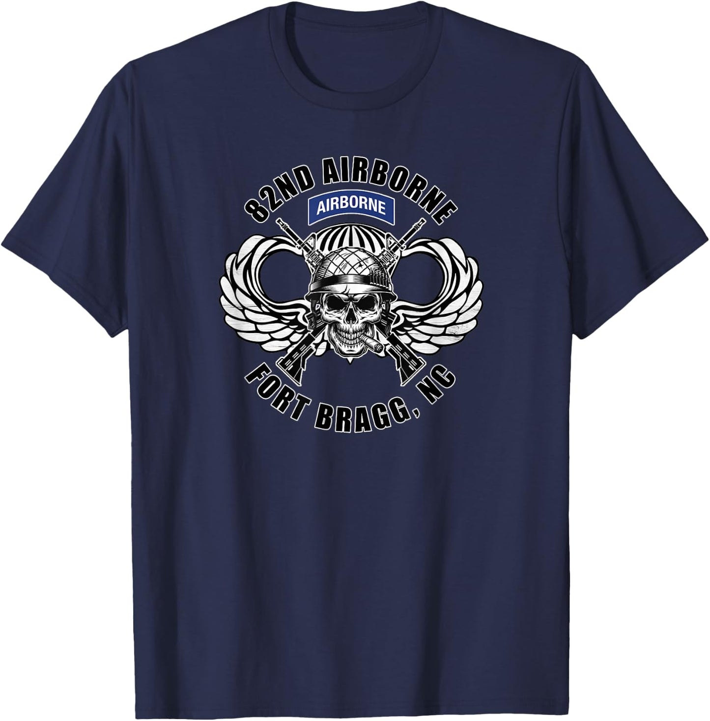 82nd Airborne Division Fort Bragg Veteran Jump Wings Skull T-Shirt - T-Shirt | Navy