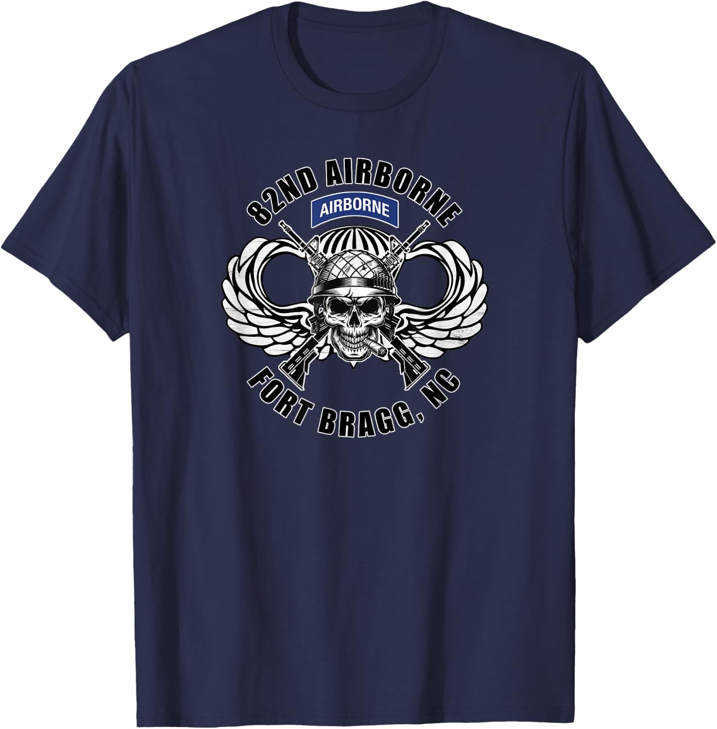 82nd Airborne Division Fort Bragg Veteran Jump Wings Skull T-Shirt - T-Shirt | Navy
