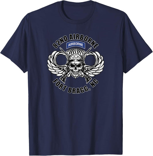 82nd Airborne Division Fort Bragg Veteran Jump Wings Skull T-Shirt - T-Shirt | Navy