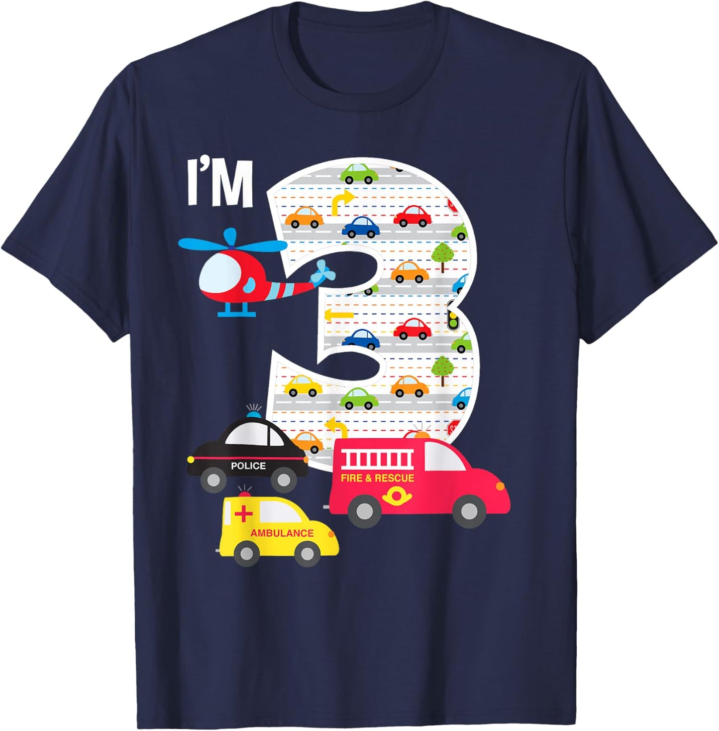 3rd Birthday Fire Truck Police Car 3 Year Old Boys T-Shirt - T-Shirt | Navy
