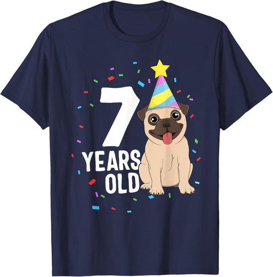 7 Years Old Birthday Pug Dog Lover Party 7th Birthday Kid T-Shirt - T-Shirt | Navy