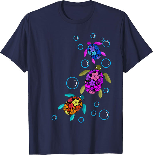 Hawaiian Sea Turtle Shirt Tropical Colors T-Shirt - T-Shirt | Navy