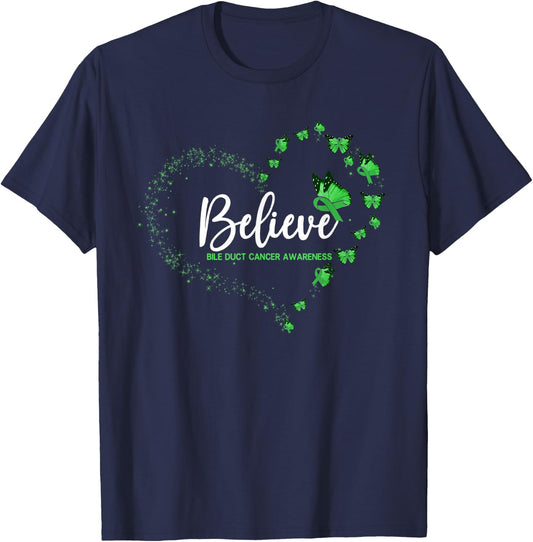 Bile Duct Cancer Awareness Butterfly Believe T-Shirt - T-Shirt | Navy