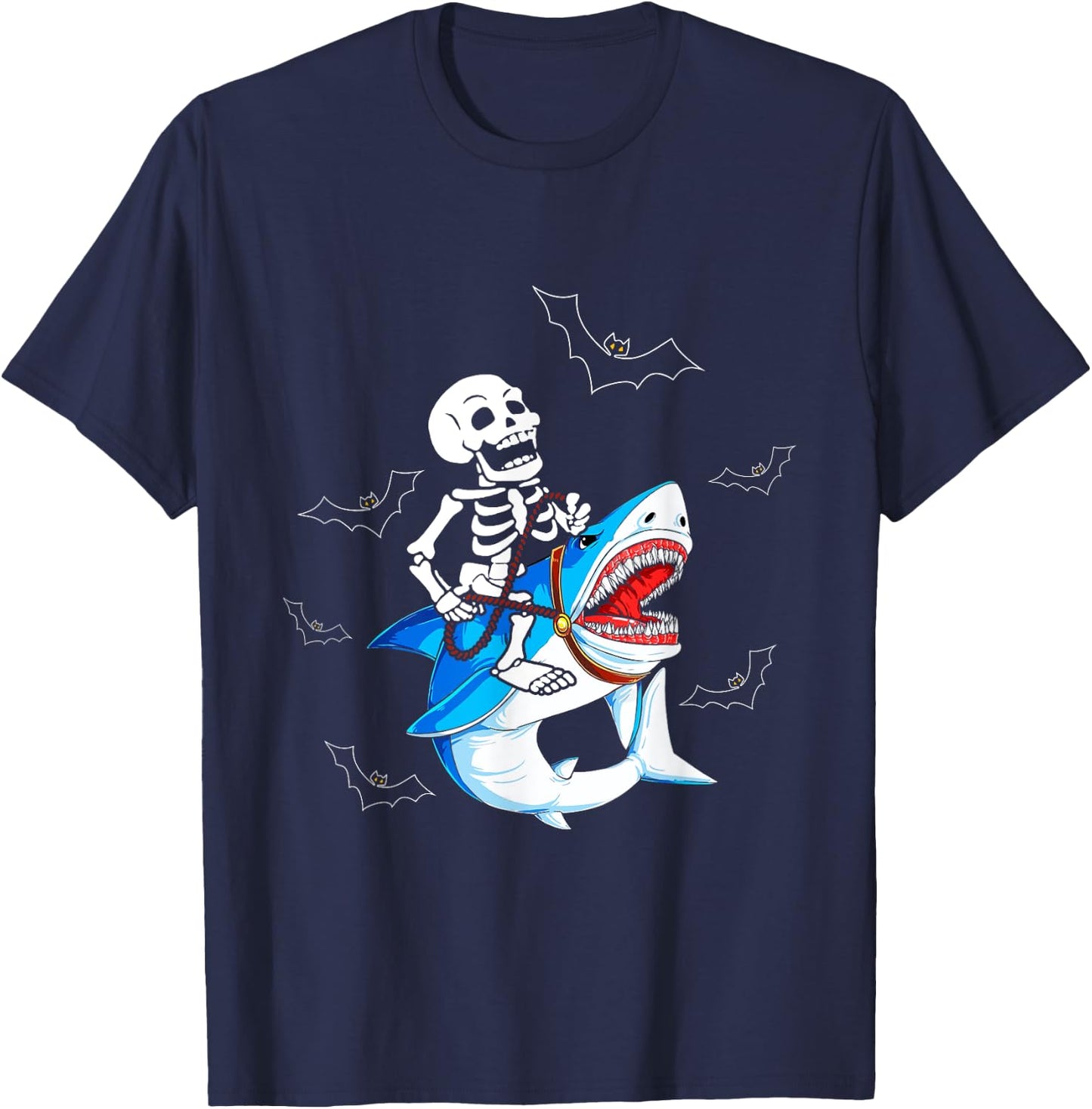 Skeleton Riding Shark Funny Halloween Boys Girls Kids T-Shirt - T-Shirt | Navy