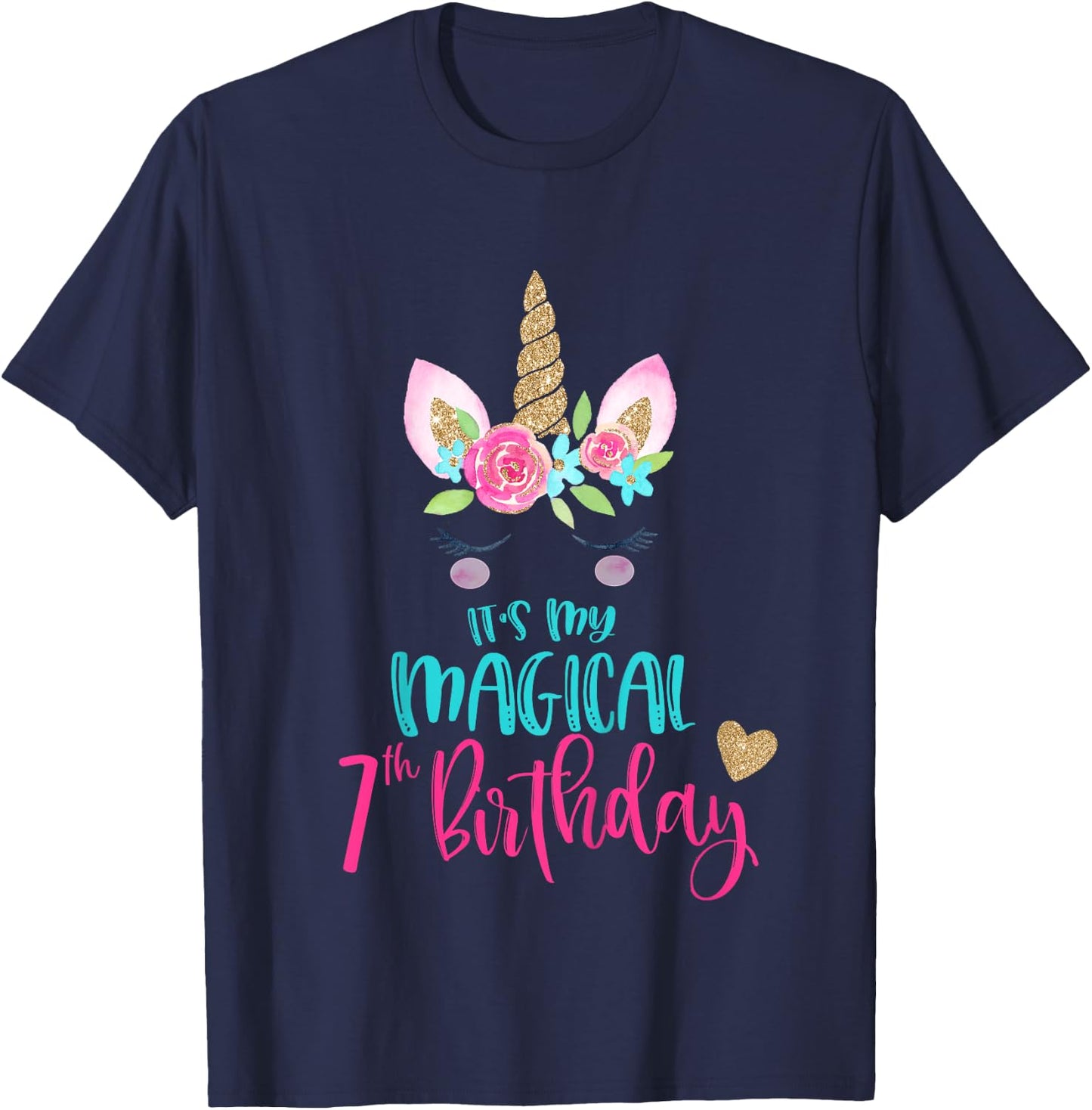 Kids Unicorn 7th Birthday Party Shirt Girl 7 Years Old T-Shirt - T-Shirt | Navy