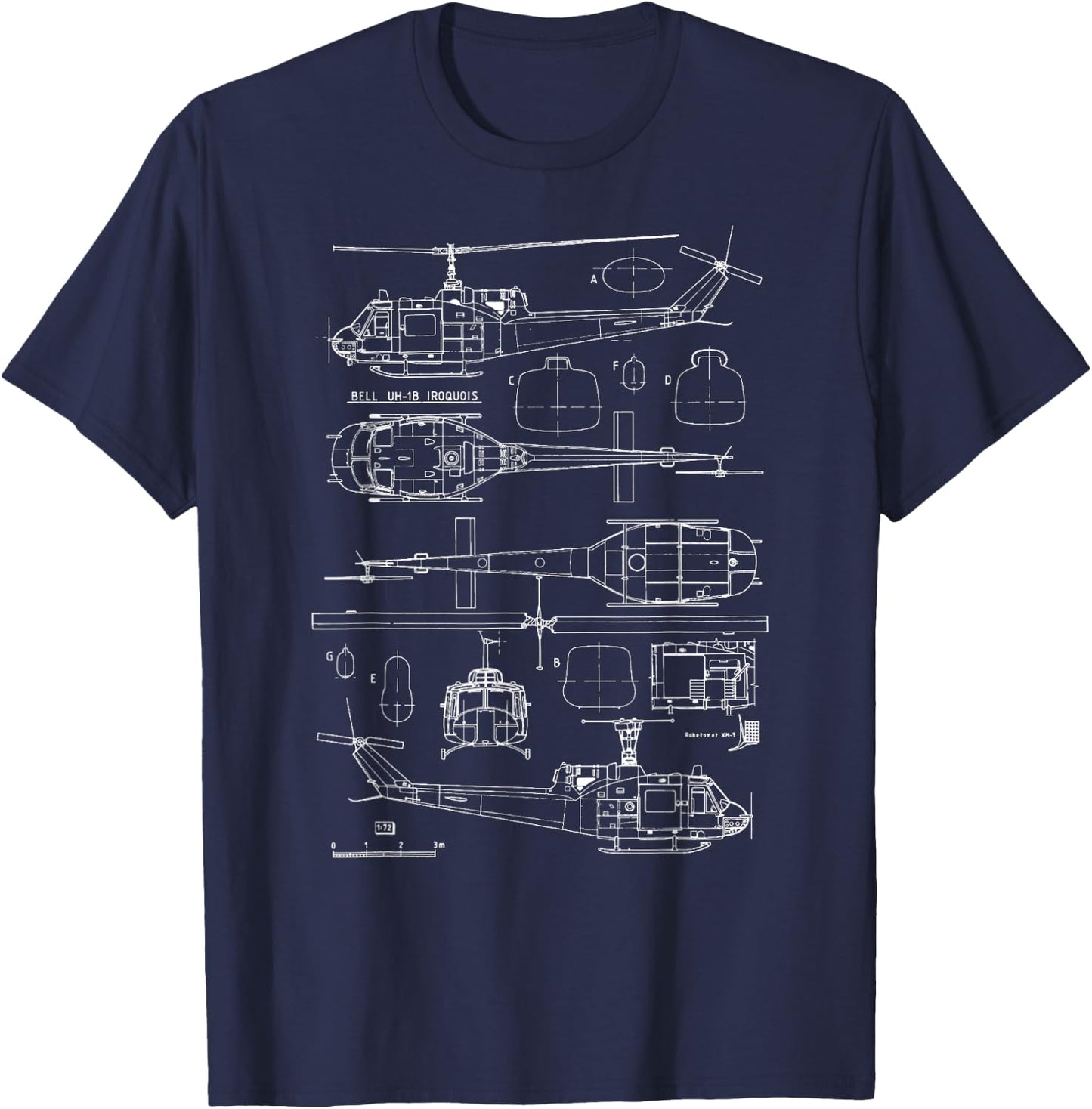 Bell UH-1 Huey Blueprint USA Veteran Military Aircraft Pilot T-Shirt - T-Shirt | Navy