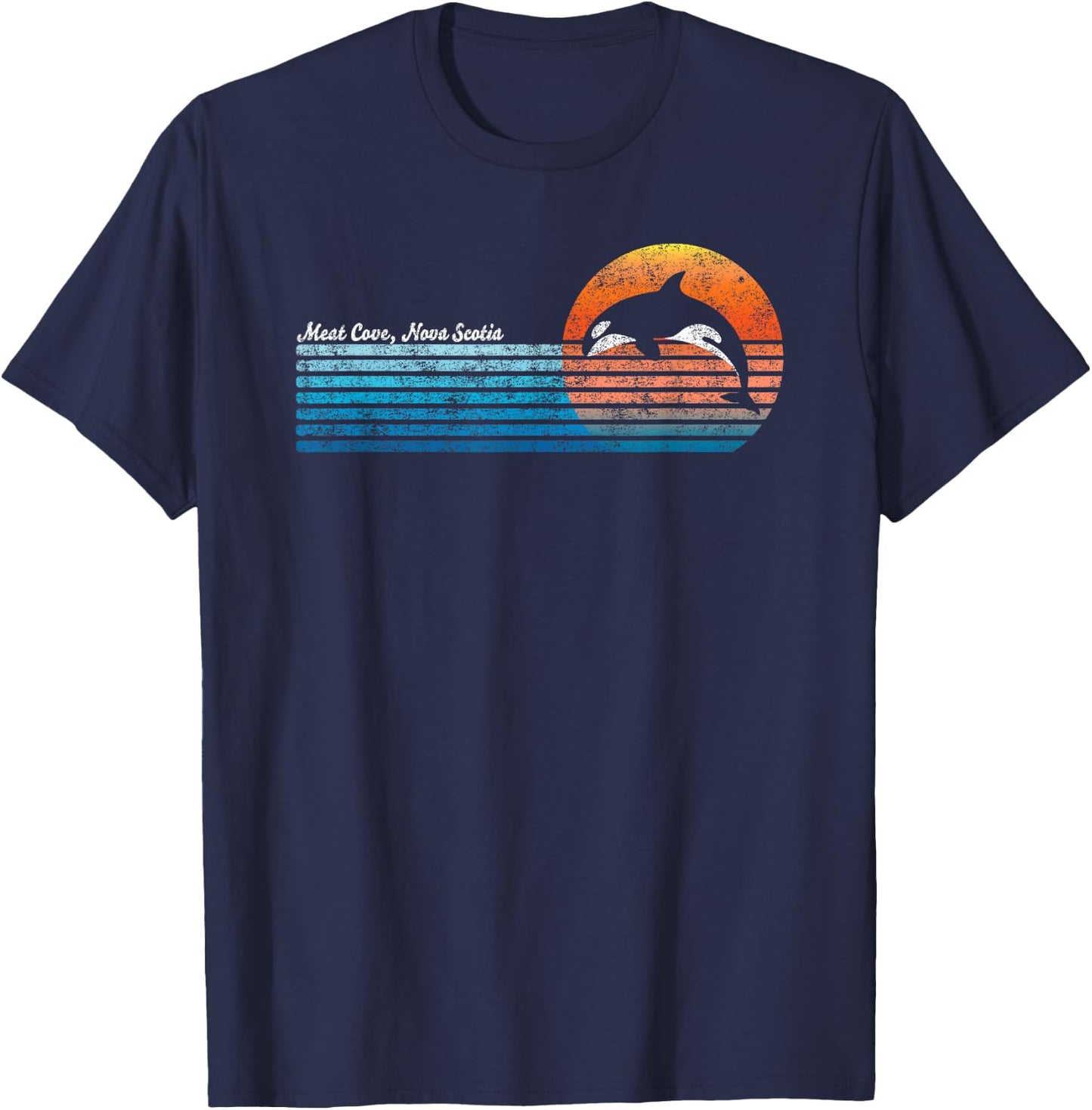 Vintage Meat Cove, Nova Scotia Retro 80s Orka Sunset T-Shirt - T-Shirt | Navy