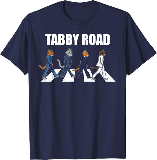 Unique Kitty Cat Gifts | Kittyworks Tabby Road Cool Cats Adult Cat Lovers Graphic , Black, Small, Short Sleeve, Classic Fit T-Shirt - T-Shirt | Navy