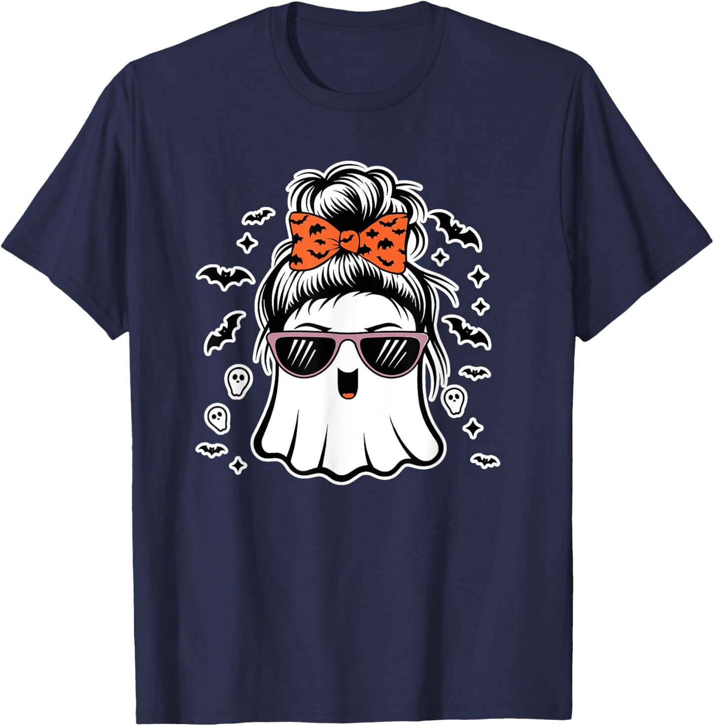 Cute Ghost Messy Bun Mom Halloween Messy Hair Bun Moms Life T-Shirt - T-Shirt | Navy
