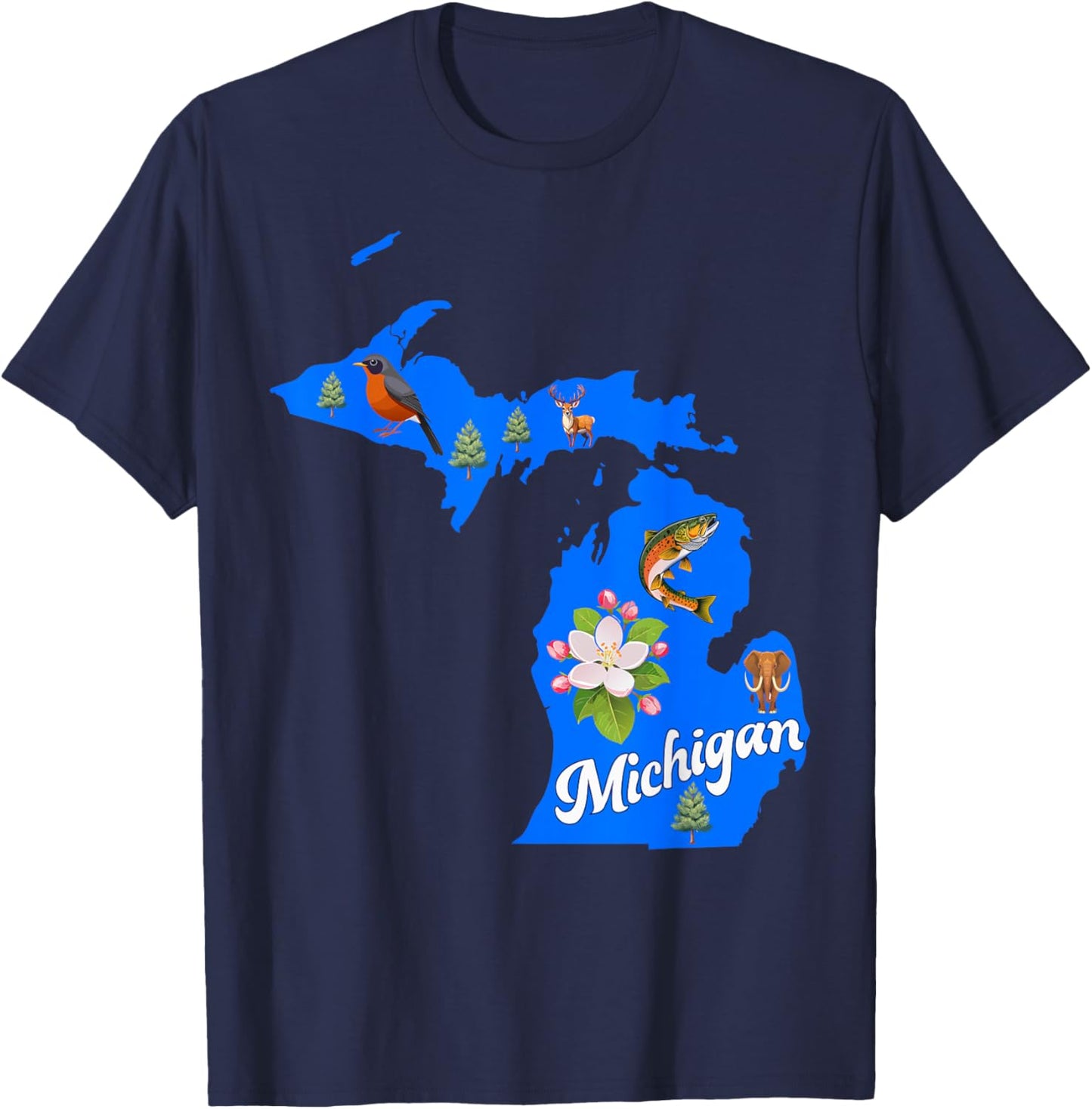 Michigan Map State Symbols Flower Bird Fish T-Shirt - T-Shirt | Navy