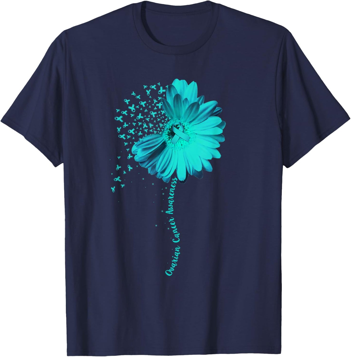 Ovarian Cancer Awareness Sunflower Ribbon Gift T-Shirt - T-Shirt | Navy