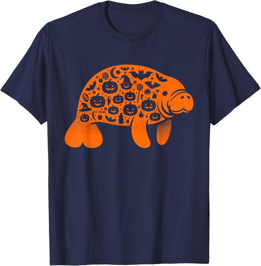 Funny Pumpkin Manatee Candy Halloween Kids T-Shirt - T-Shirt | Navy
