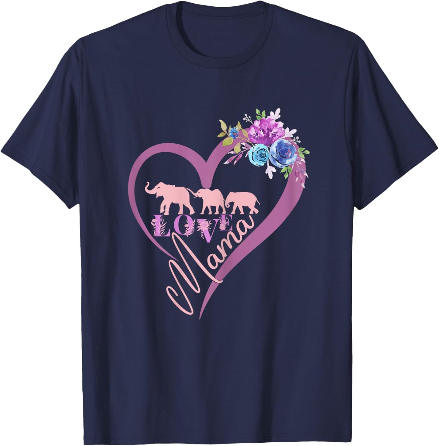 Floral Heart Pink Mama elephant and Two babies Calves T-Shirt - T-Shirt | Navy
