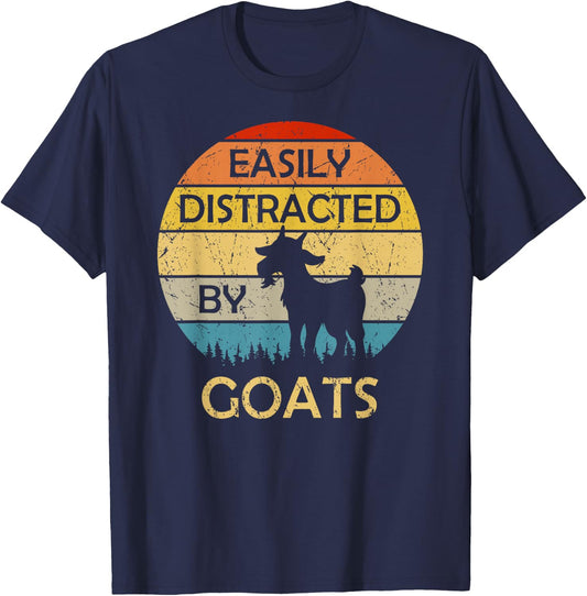 Easily Distracted by Goats Retro Vintage Funny Goat Lover T-Shirt - T-Shirt | Navy