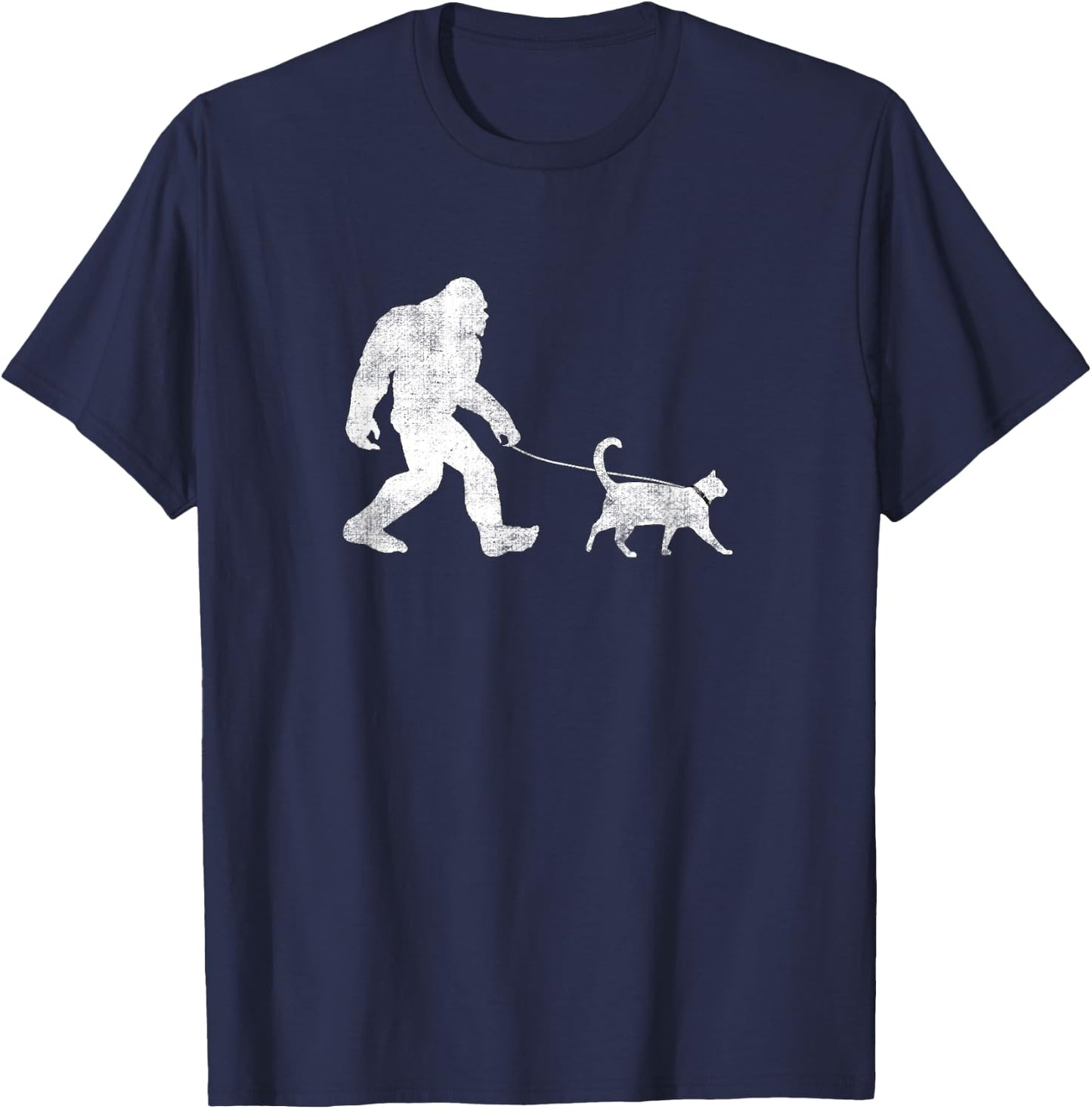 Funny Bigfoot Walking a Cat Sasquatch Yeti Cat T-Shirt - T-Shirt | Navy