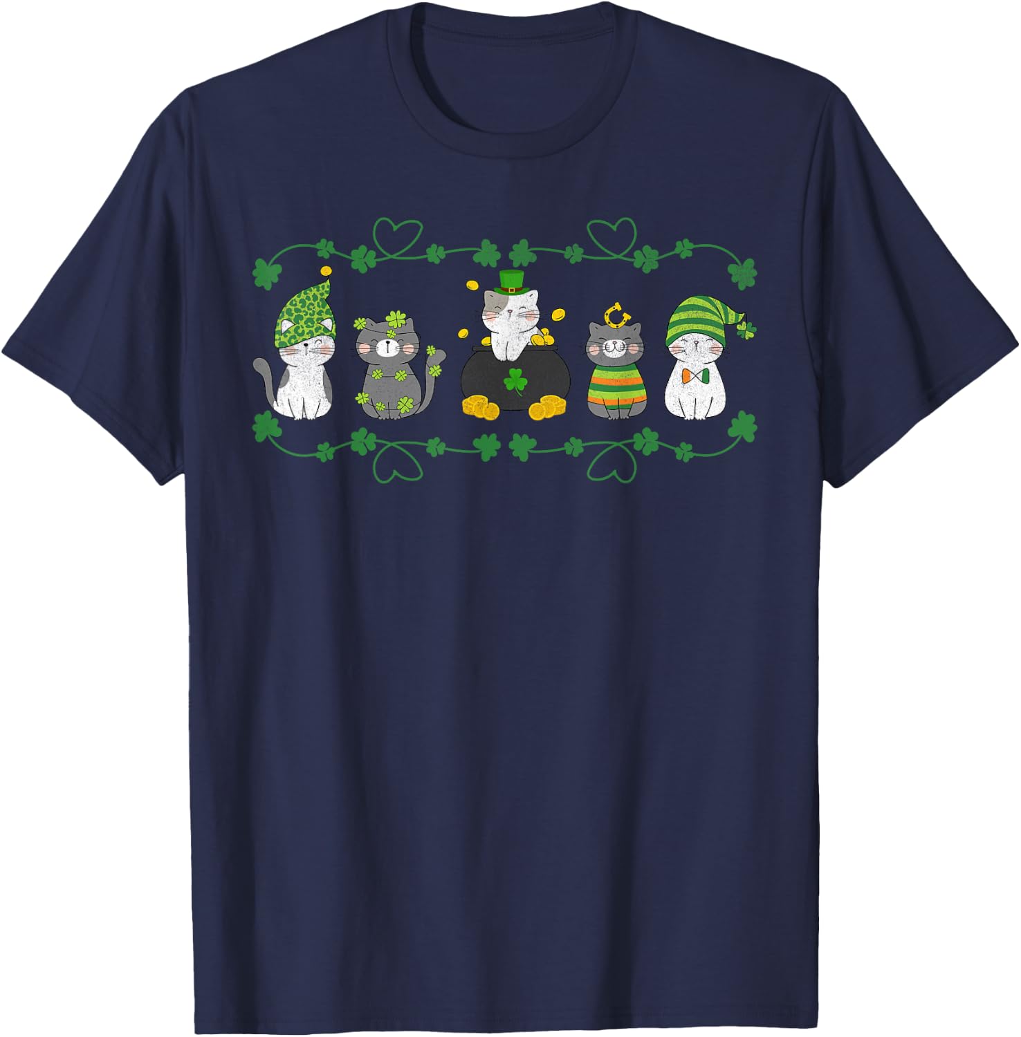 Cute Cats St. Patrick’s Day Clover Design T-Shirt - T-Shirt | Navy