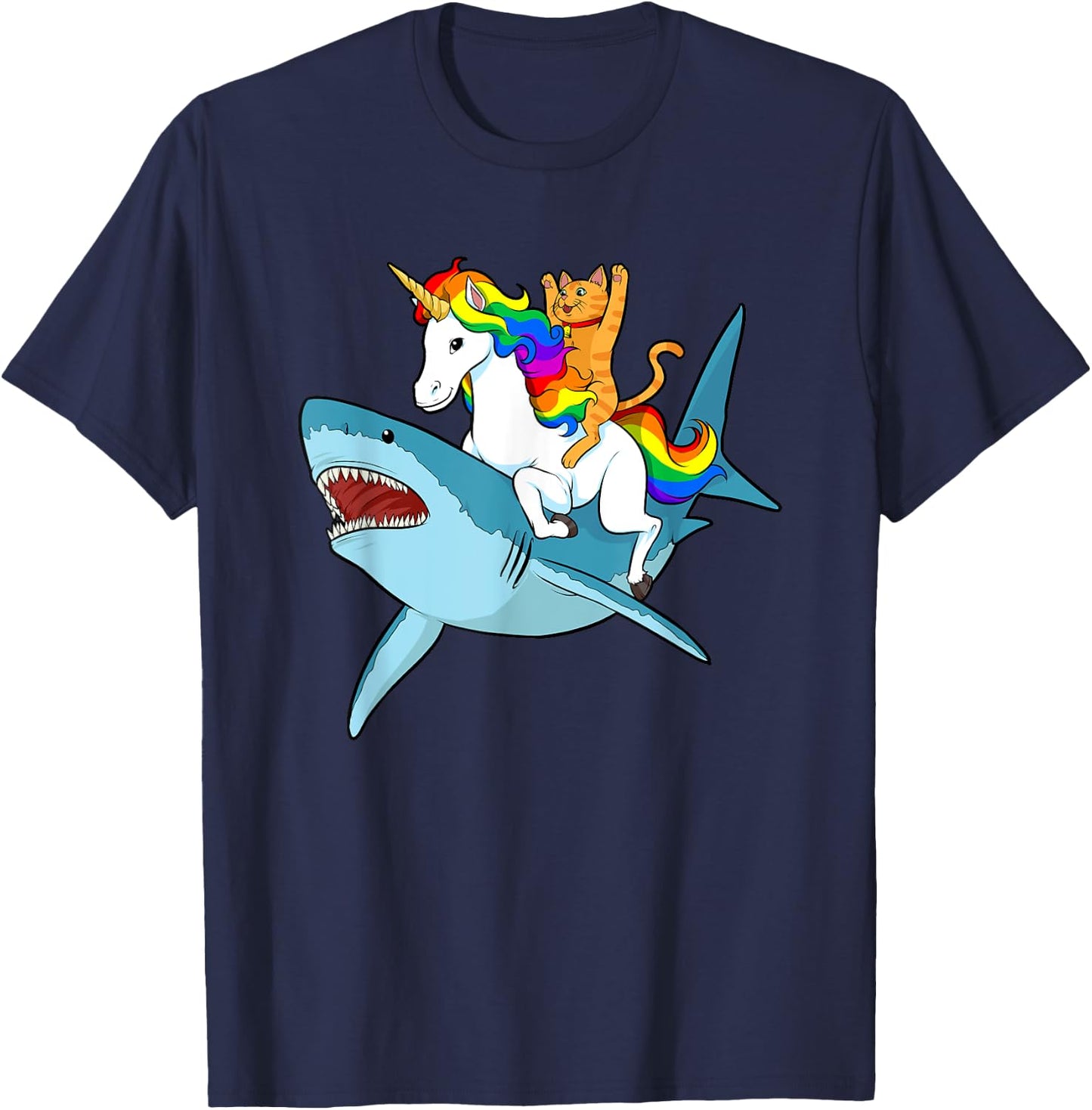Cat Riding Unicorn Riding Shark Design T-Shirt - T-Shirt | Navy