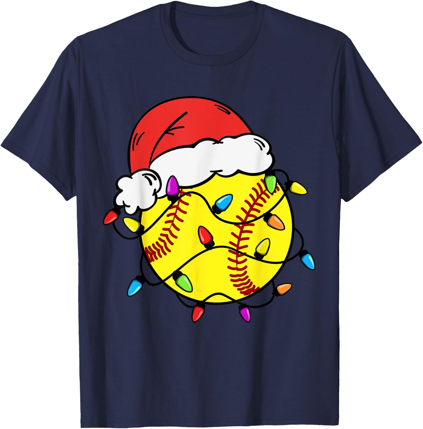 Softball Santa Claus Hat Christmas Light Softball Girls Kids T-Shirt - T-Shirt | Navy