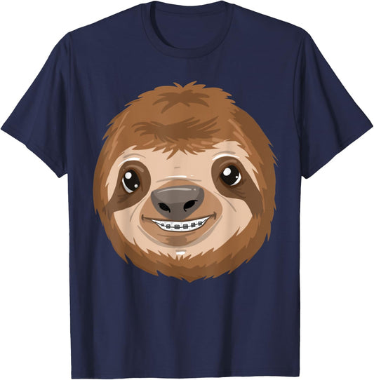 Cool Sloth With Dental Braces Funny Animal Teeth Smile Gift T-Shirt - T-Shirt | Navy