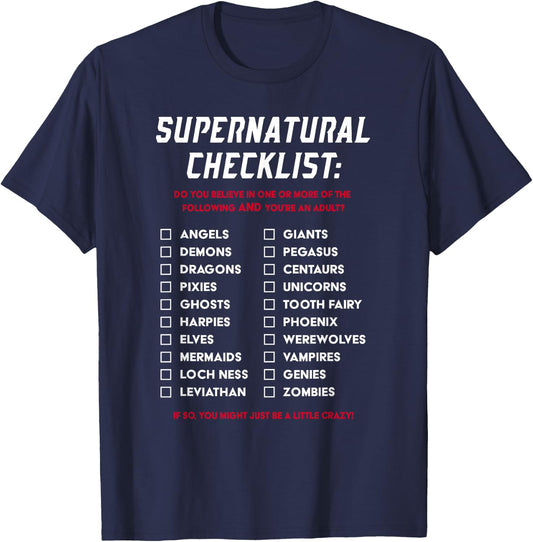 Supernatural Funny Gifts Black Supernatural Checklist Gift T-Shirt - T-Shirt | Navy