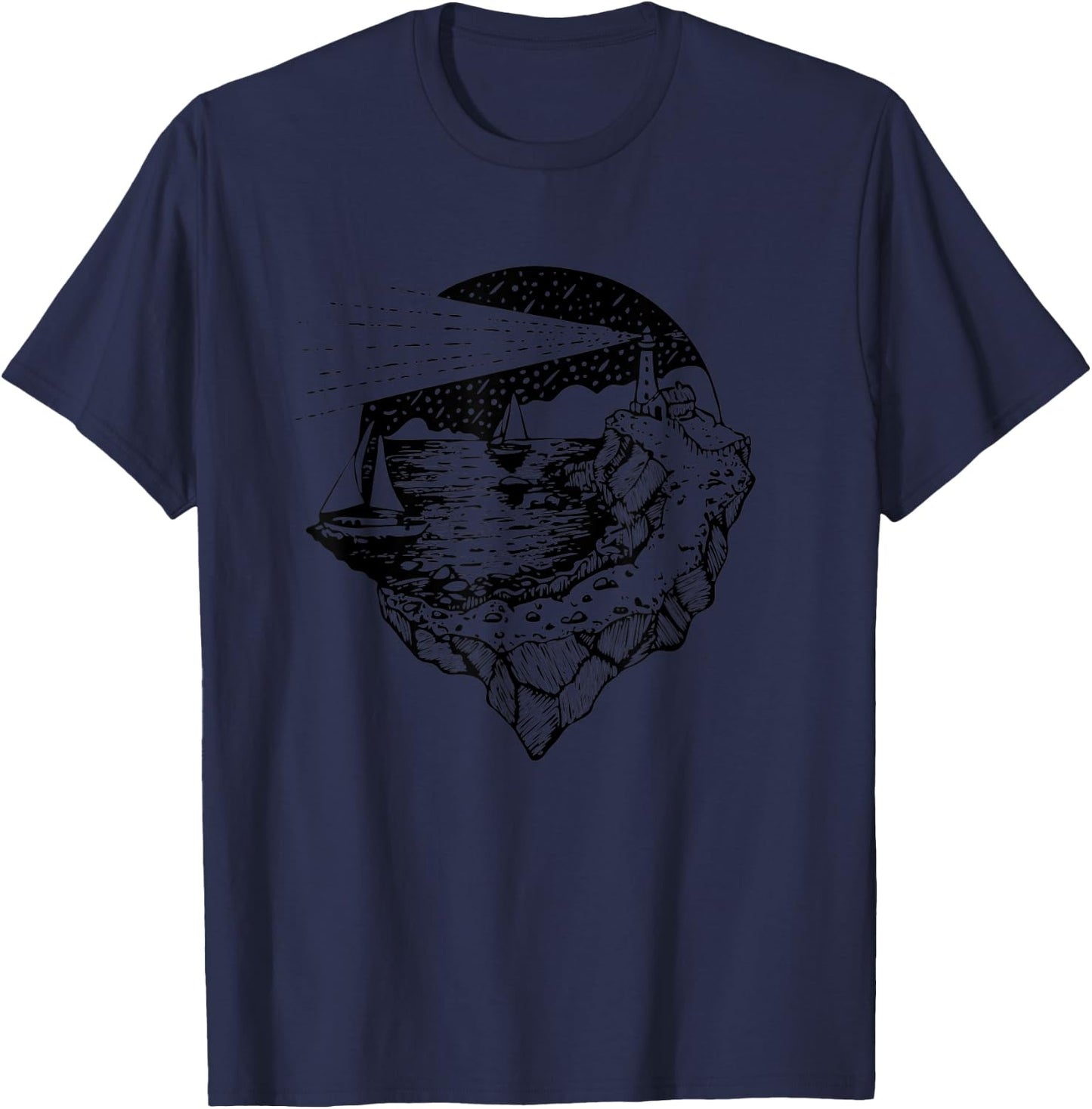 Sea, Sail and Lighthouse - Wild Nature Adventure Sailing T-Shirt - T-Shirt | Navy