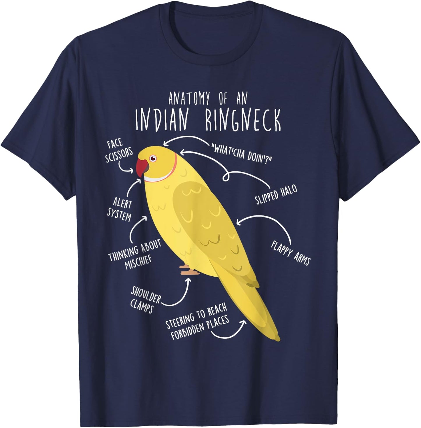 Indian Ringneck Parrot Anatomy Funny Pet Lutino Yellow Bird T-Shirt - T-Shirt | Navy