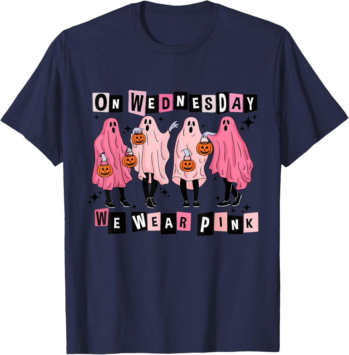 On Wednesday We Wear Cute Pink Ghost Halloween T-Shirt - T-Shirt | Navy