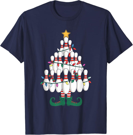 Bowling Elves Pin Strike Christmas Tree Lights Xmas Party T-Shirt - T-Shirt | Navy