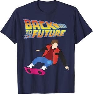Back to The Future 8-Bit Marty on Hoverboard Graphic T-Shirt - T-Shirt | Navy