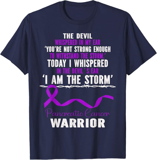 I Am The Storm Pancreatic Cancer Warrior Retro Purple Ribbon T-Shirt - T-Shirt | Navy