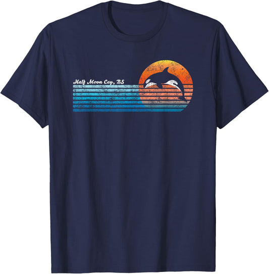 Vintage Half Moon Cay, Bahamas Retro 80s Orka Sunset T-Shirt - T-Shirt | Navy