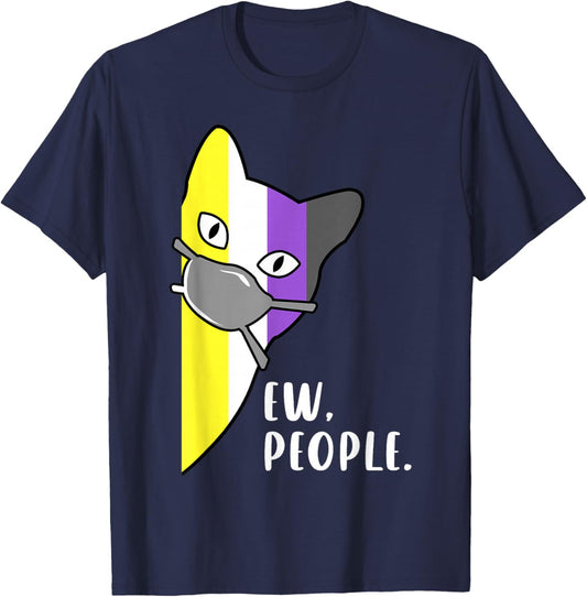 Nonbinary Pride Cat with Mask Ew People Funny Enby Mood T-Shirt - T-Shirt | Navy