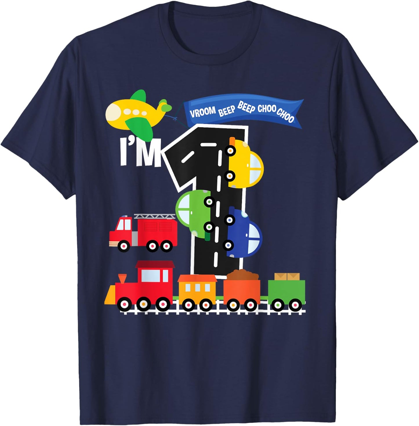 Transportation 1st Birthday Airplane Cars Fire Truck Train T-Shirt - T-Shirt | Navy