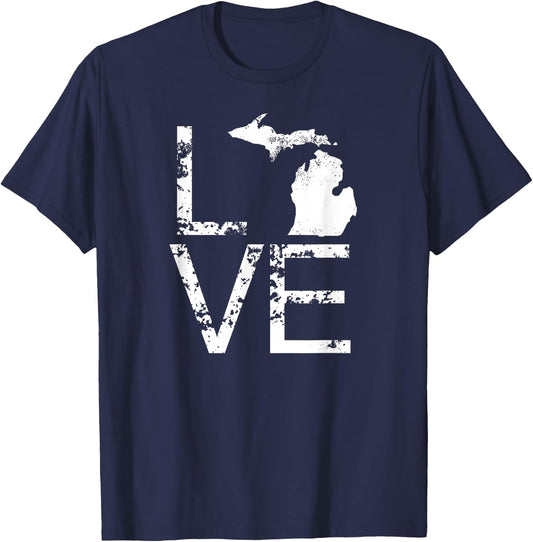 Michigan Love MI State Home Pride Map Distressed T-Shirt - T-Shirt | Navy