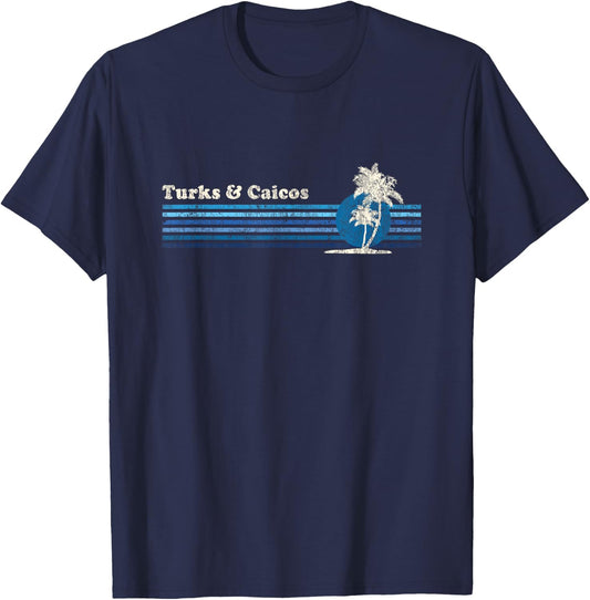 Turks and Caicos Vintage 80s Palm Trees Sunset T-Shirt - T-Shirt | Navy