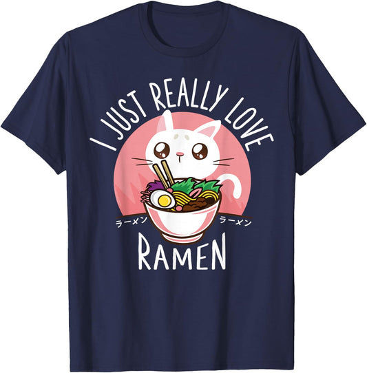 Funny Cat Ramen Anime Merch Kawaii Clothes Graphic Men T-Shirt - T-Shirt | Navy