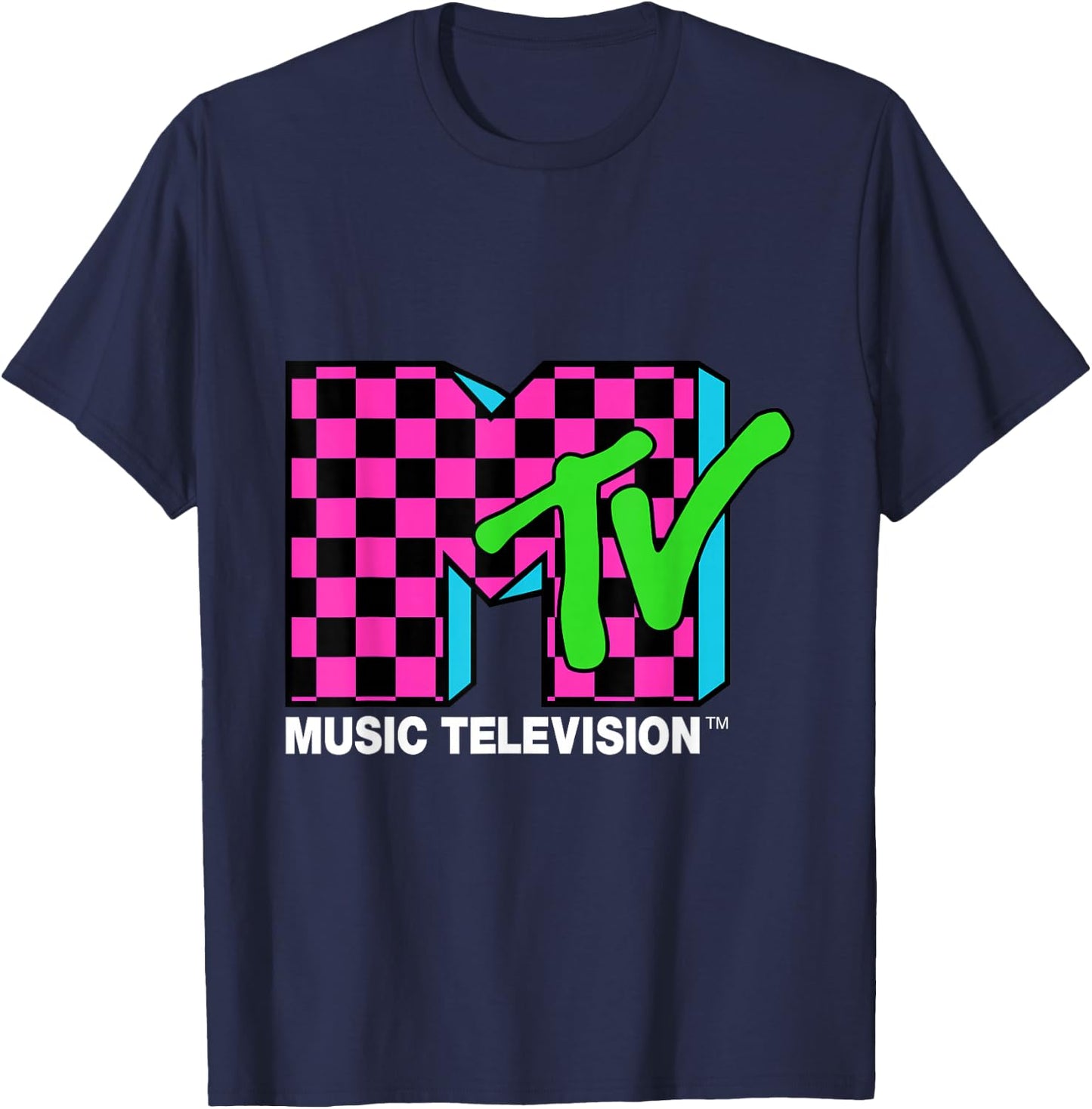 Classic MTV Logo Pink and Blue Checker Design T-Shirt - T-Shirt | Navy