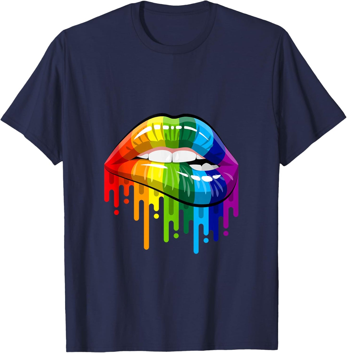 80's Sexy Colorful Graphic Lips, Women Printed Design Lips T-Shirt - T-Shirt | Navy