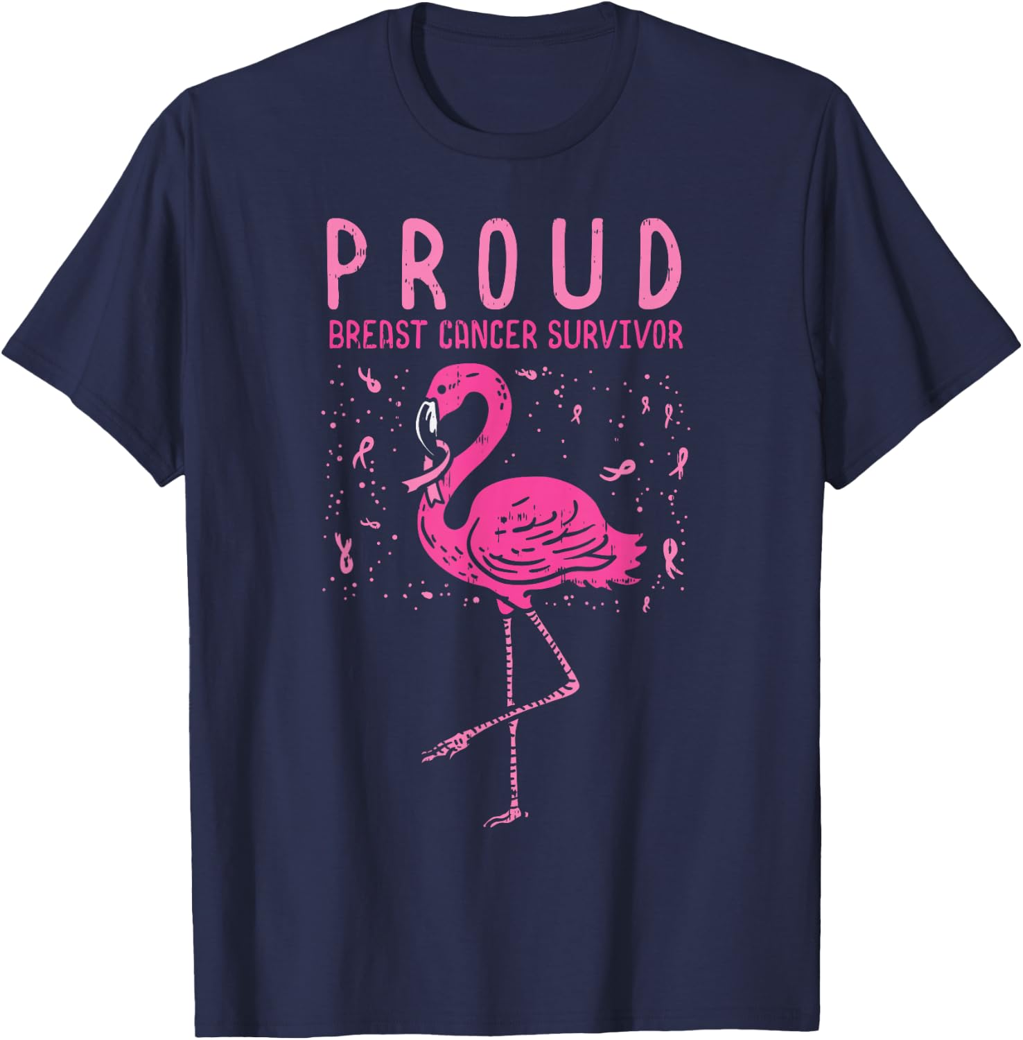 Proud Survivor Flamingo Pink Breast Cancer Awareness Gift T-Shirt - T-Shirt | Navy