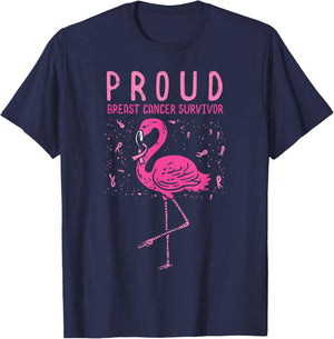 Proud Survivor Flamingo Pink Breast Cancer Awareness Gift T-Shirt - T-Shirt | Navy