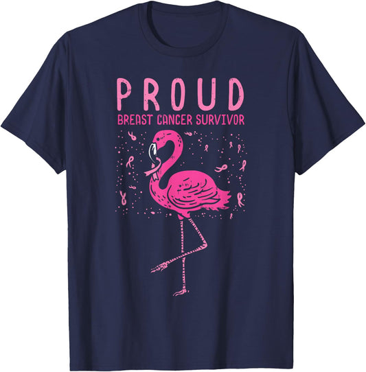 Proud Survivor Flamingo Pink Breast Cancer Awareness Gift T-Shirt - T-Shirt | Navy