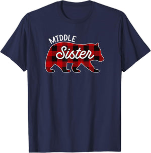 Middle Sister Bear Red Buffalo Plaid Matching Family T-Shirt - T-Shirt | Navy
