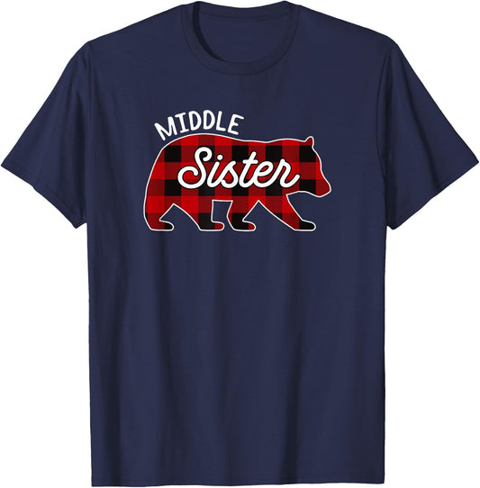 Middle Sister Bear Red Buffalo Plaid Matching Family T-Shirt - T-Shirt | Navy
