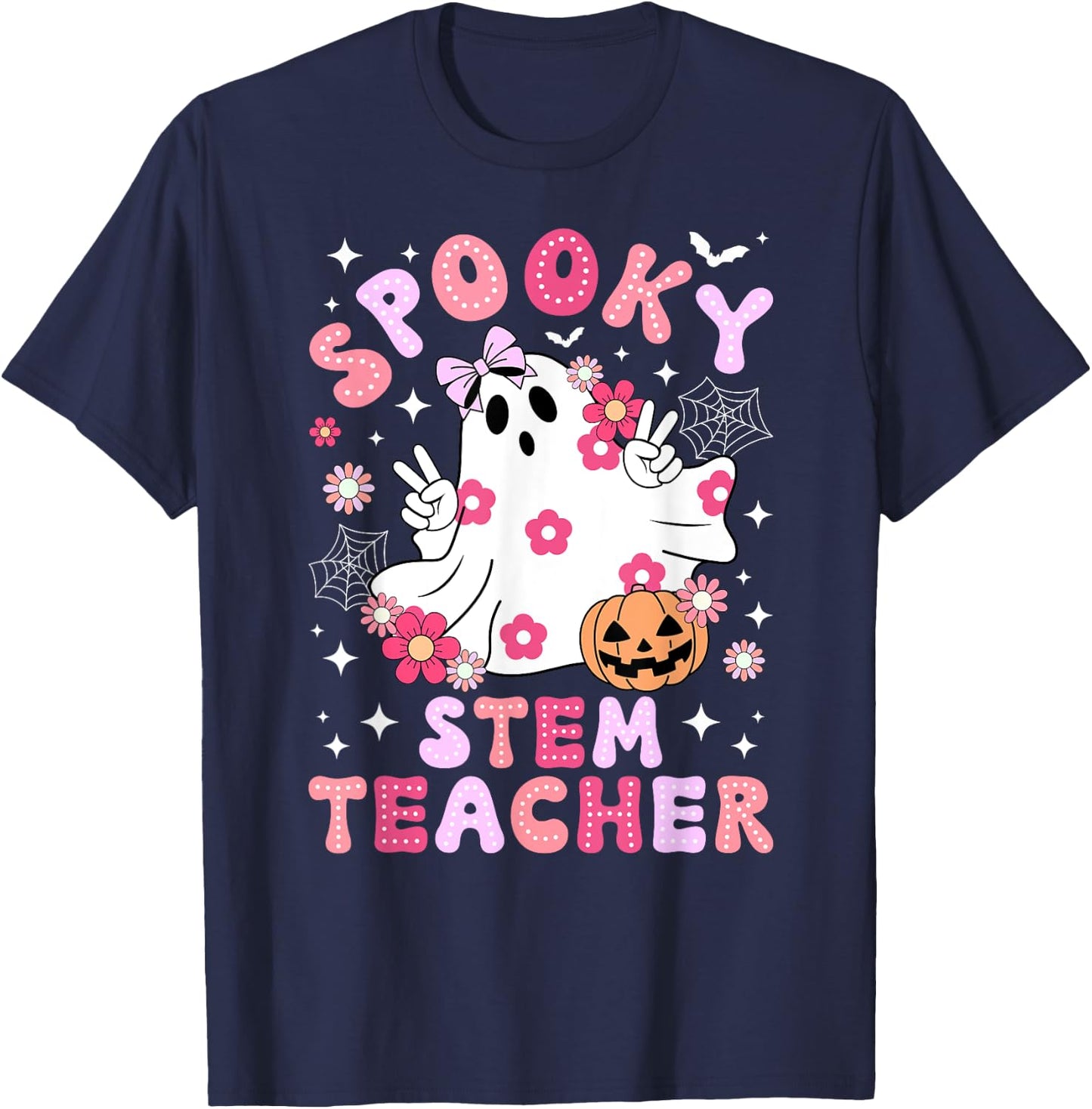 Spooky STEM Teacher Halloween STEM Teacher Groovy T-Shirt - T-Shirt | Navy