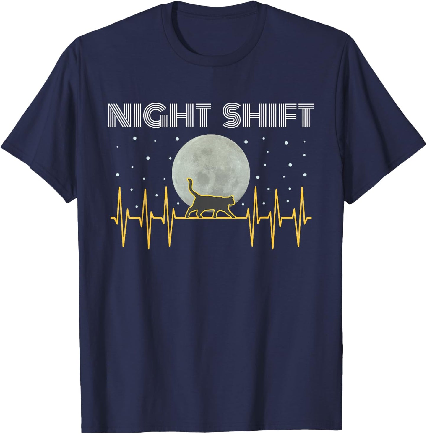 Funny Nurses Gifts Night Shift Nurse Cool Full Moon EKG Cat Women Kids T-Shirt - T-Shirt | Navy