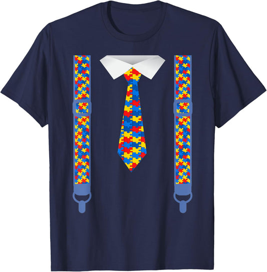 Autism awareness tie and suspenders Puzzle pieces T-Shirt - T-Shirt | Navy