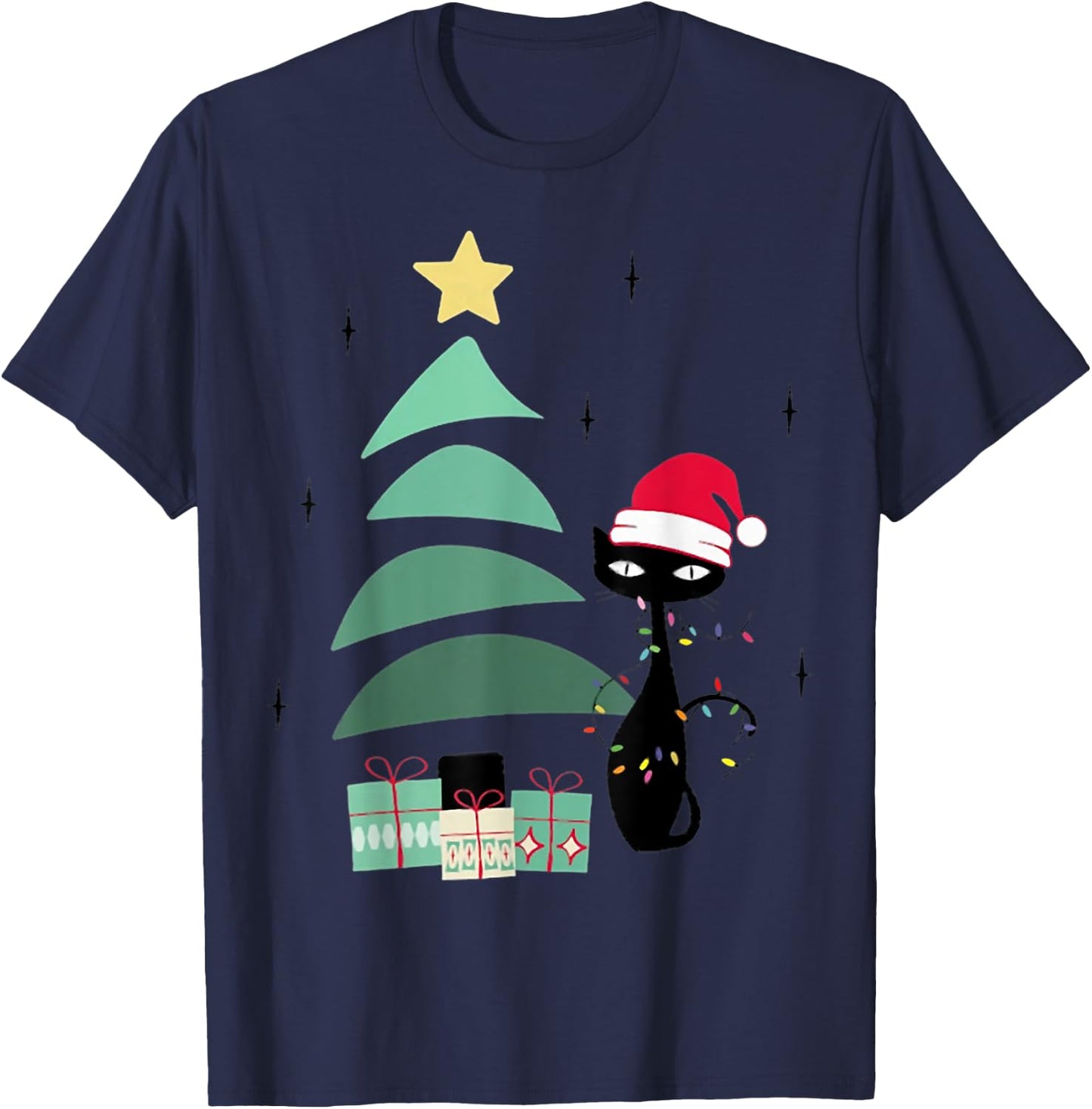 Funny Retro Mid Century Atomic Christmas Tree and Cat Women Kids T-Shirt - T-Shirt | Navy