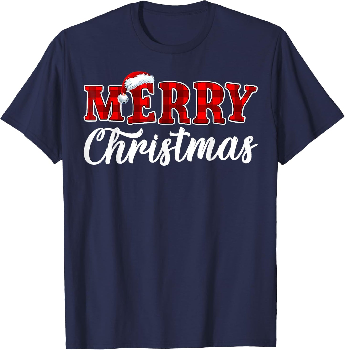 Merry Christmas Buffalo Plaid Red Santa Hat Xmas Pajamas T-Shirt - T-Shirt | Navy