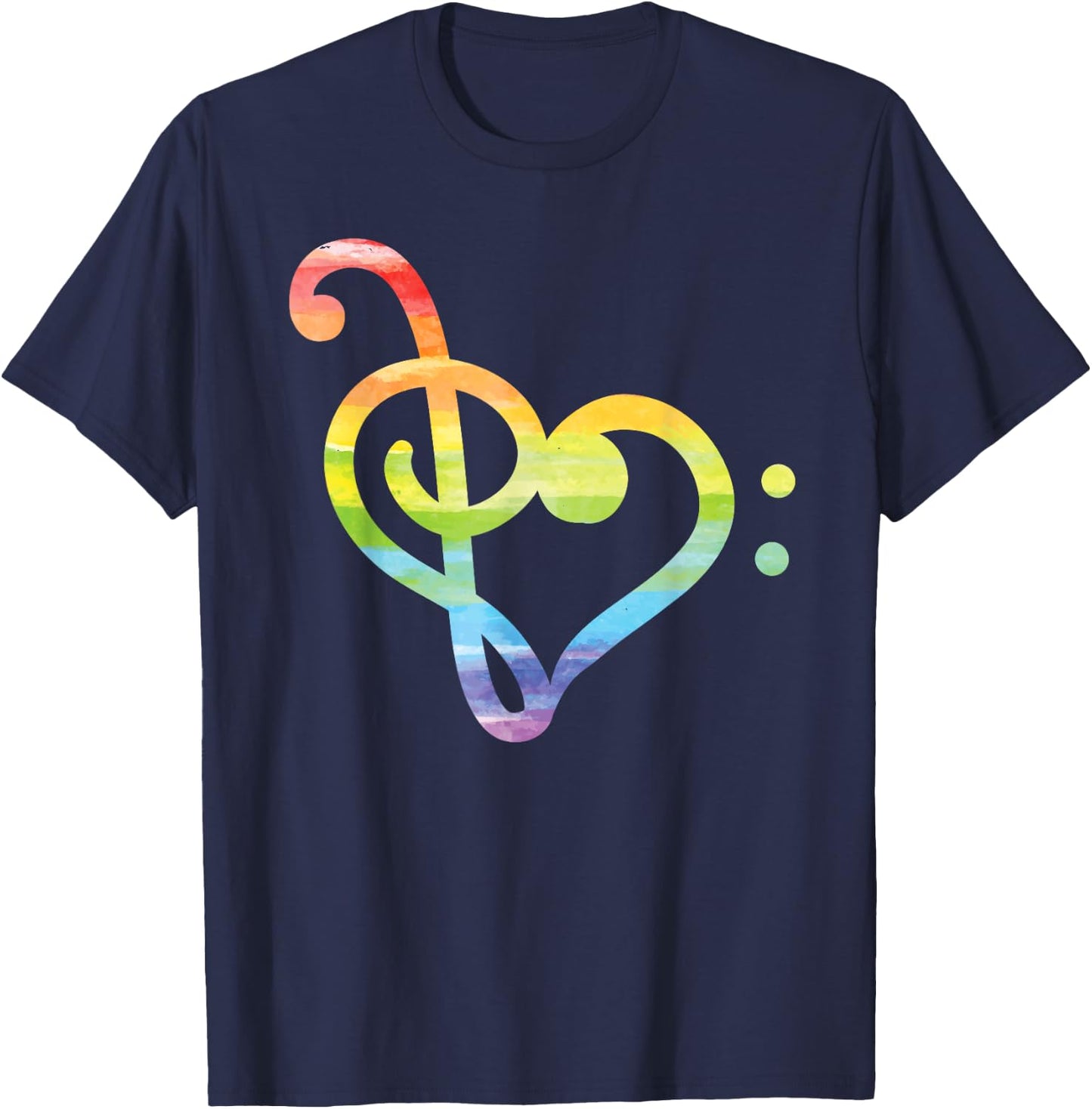 Watercolor Treble And Bass Clef Heart Rainbow T-Shirt - T-Shirt | Navy