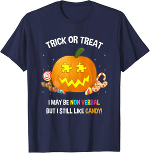 Halloween Non Verbal Autism Trick Or Treat T-Shirt - T-Shirt | Navy